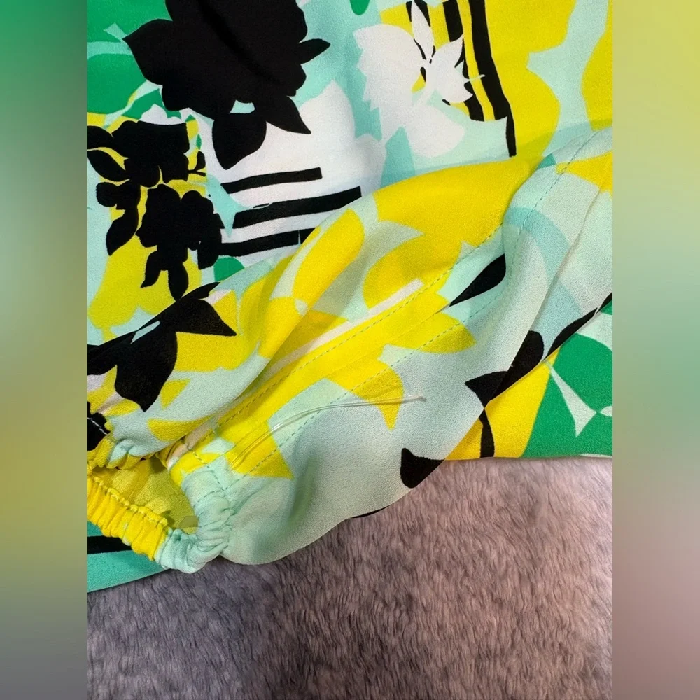NWOT Kaari‎ Blue Green Yellow Print Tie Back Slit Sleeve Shift Dress Medium M